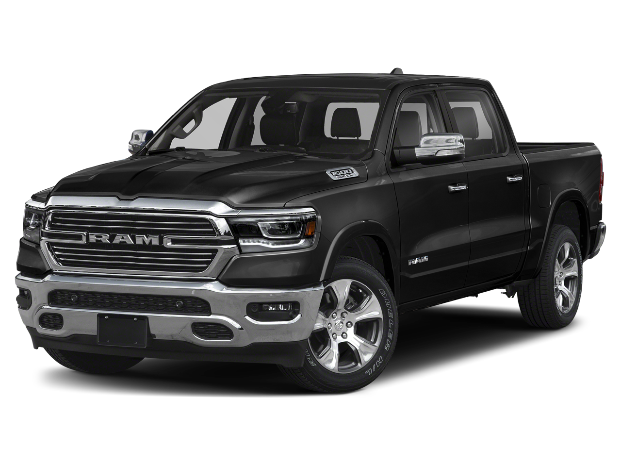 2021 RAM 1500 Laramie in Diamond Black Crystal P/C — front three-quarter view