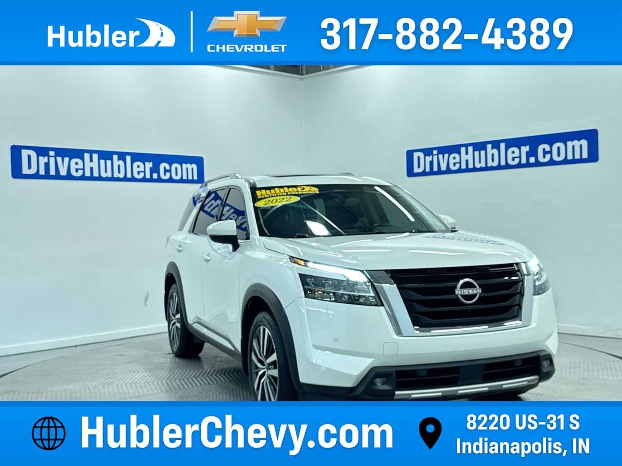 2022 Nissan Pathfinder Platinum in Ice Cap — front three-quarter view
